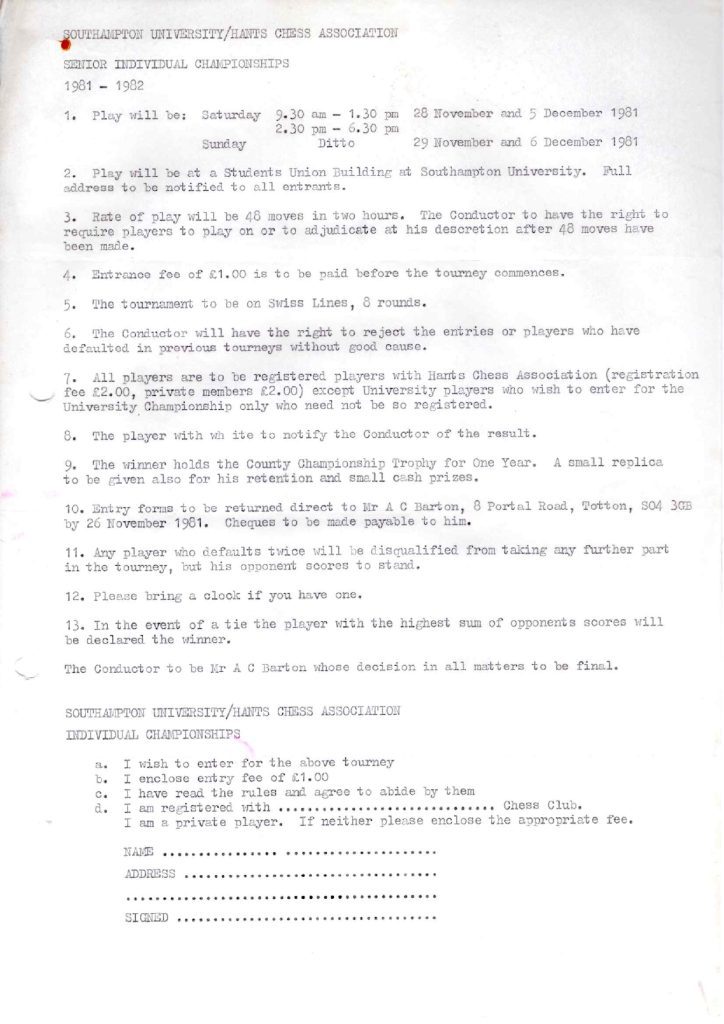 Hampshire Individual Chess Championship Entry Form 1981 1982